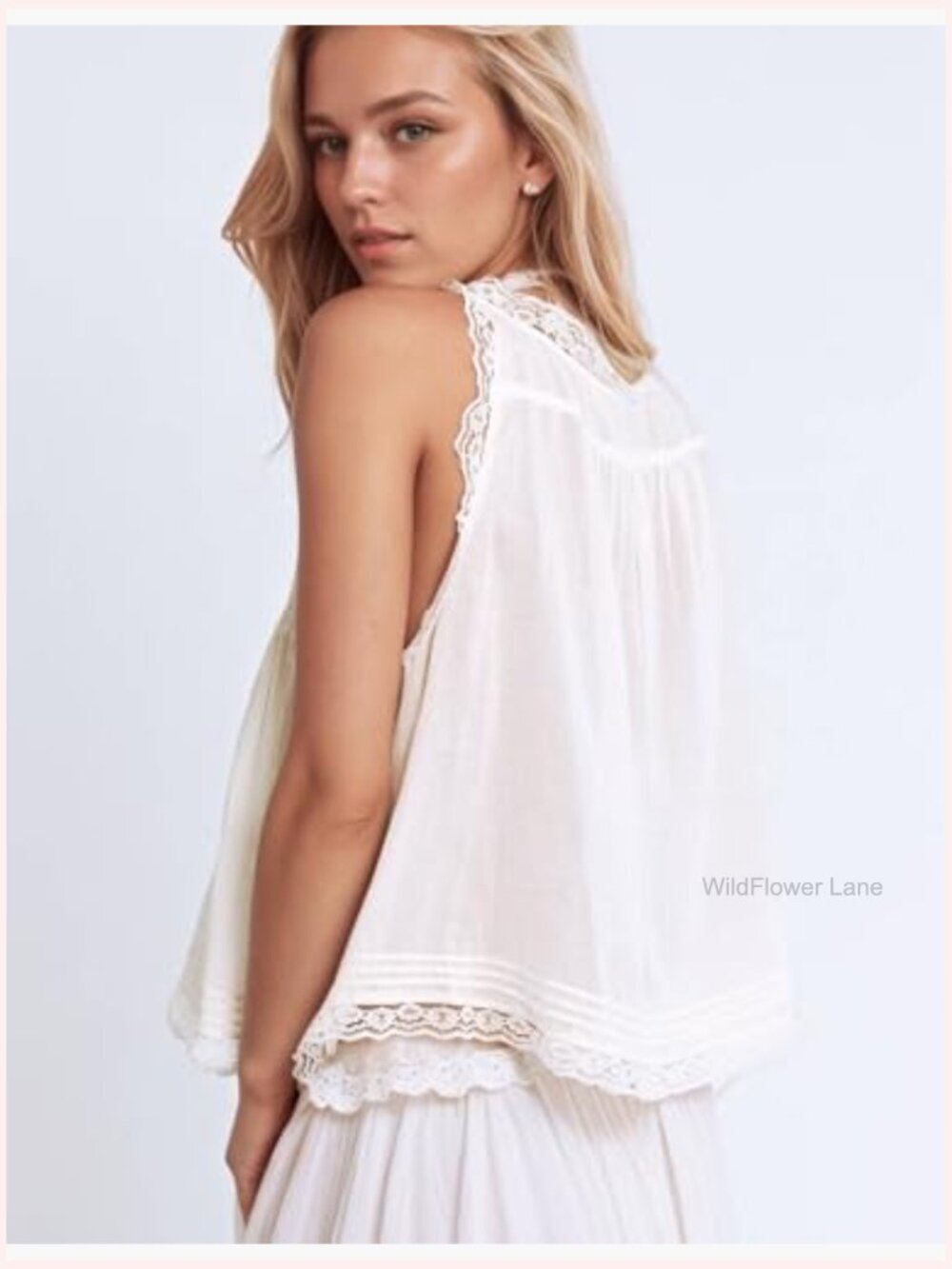 Boho Lace Tank Top Sleeveless Button Down Front Tie Y2K Summer Vacation Top - Picture 2 of 7